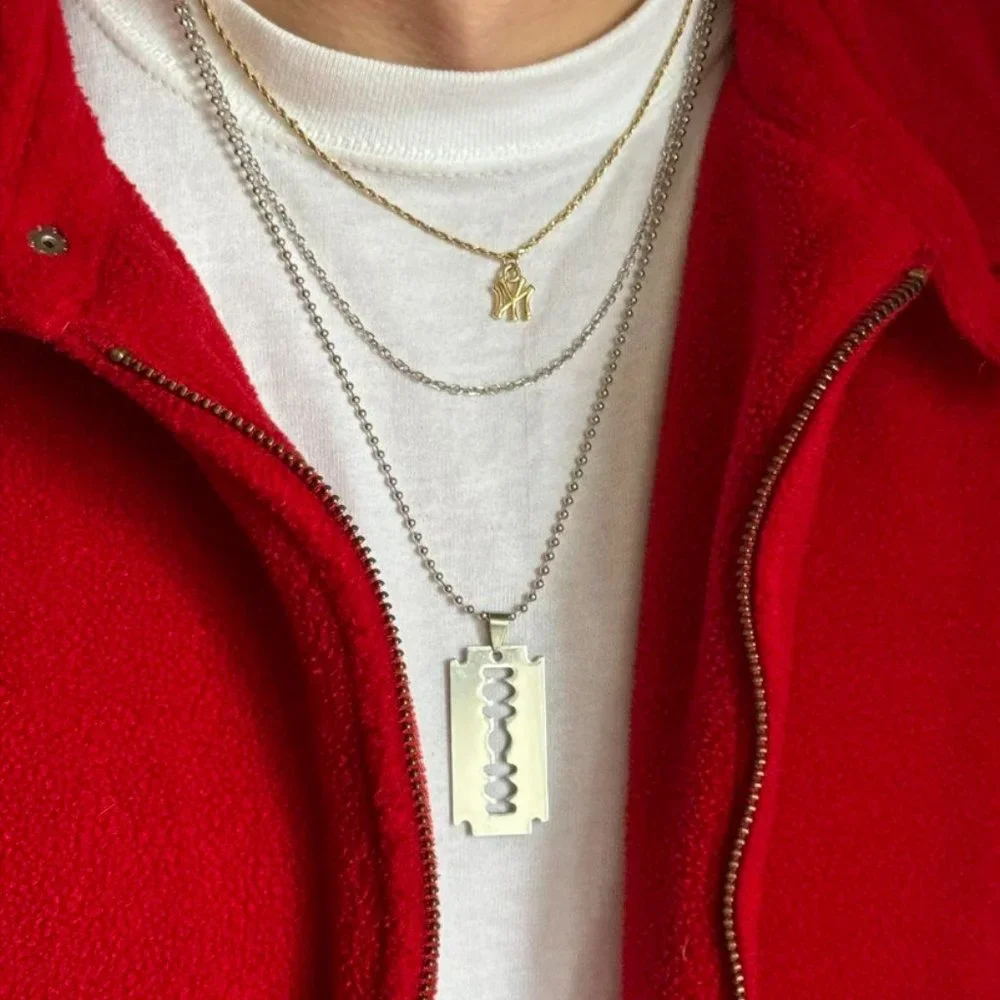 Y2K 2000s silver razor blade pendant chain necklace